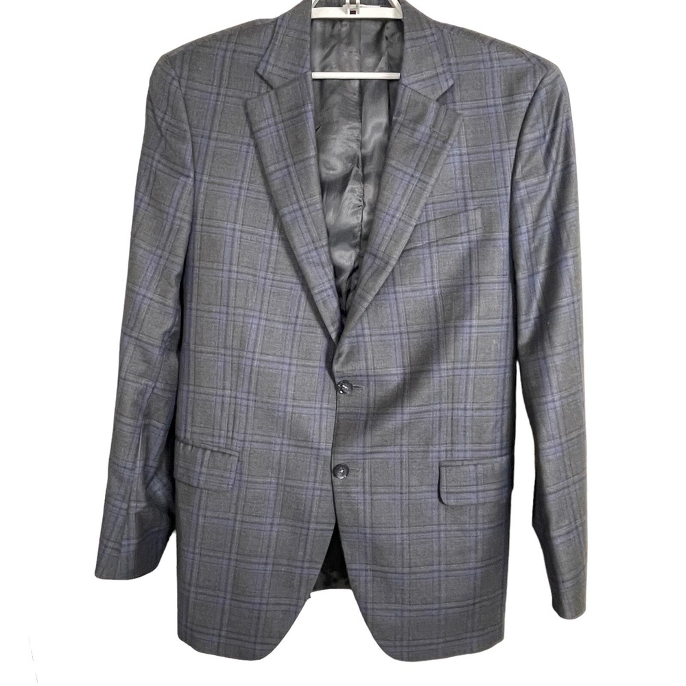 Peter Millar Wool Sharkskin Gray Blue‎ Plaid Sports Coat 44T Blazer